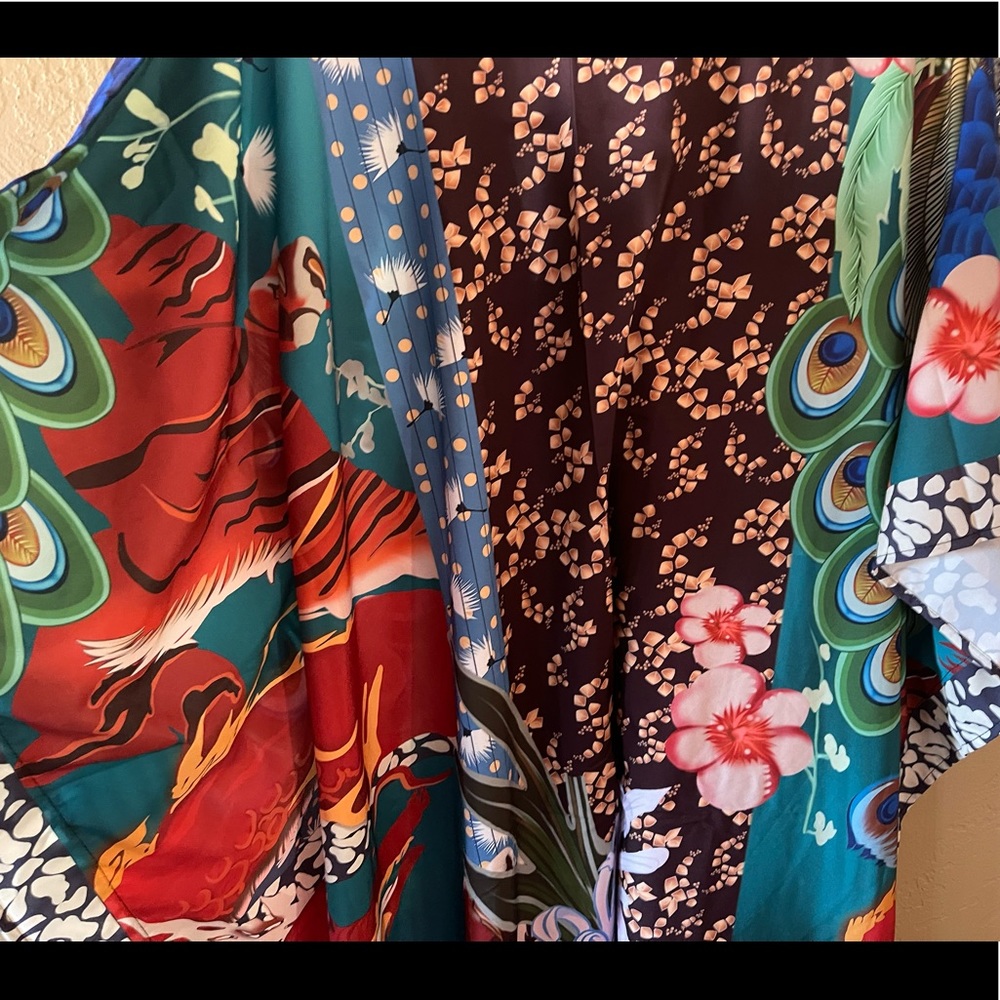 Jewel Peacock Feather Kimono Duster W/Sash Tie - Picture 7 of 11